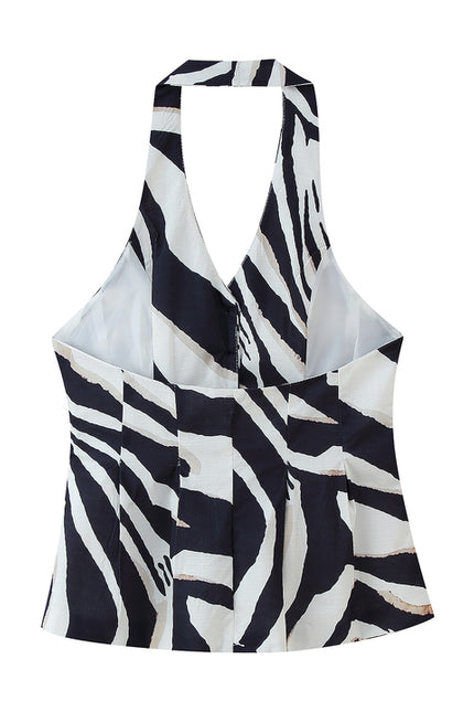 Buttons up Animal Print Black White Color Back Hollow Out Casual Fashion Halter Vest Waistcoat for Women