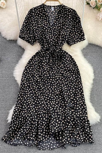 Fashion Small Fresh V-Neck Bubble Short Sleeve Waist Shrink Slimming A-Line Flounce Floral Dress