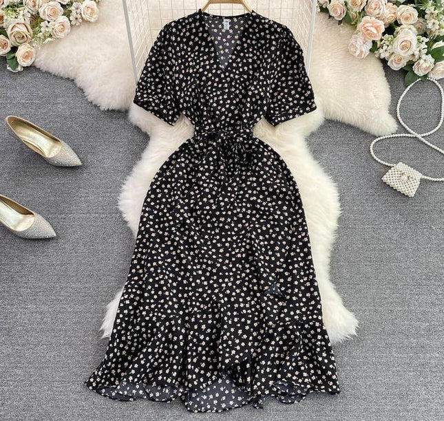Fashion Small Fresh V-Neck Bubble Short Sleeve Waist Shrink Slimming A-Line Flounce Floral Dress