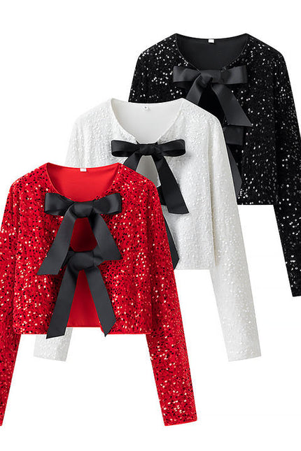 3 Colorway Solid Color Sequin Front Bow Tie Long Sleeve Crew Neck Casual Fashion Tops Blouse for Women