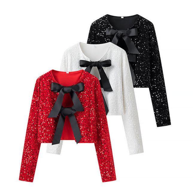 3 Colorway Solid Color Sequin Front Bow Tie Long Sleeve Crew Neck Casual Fashion Tops Blouse for Women