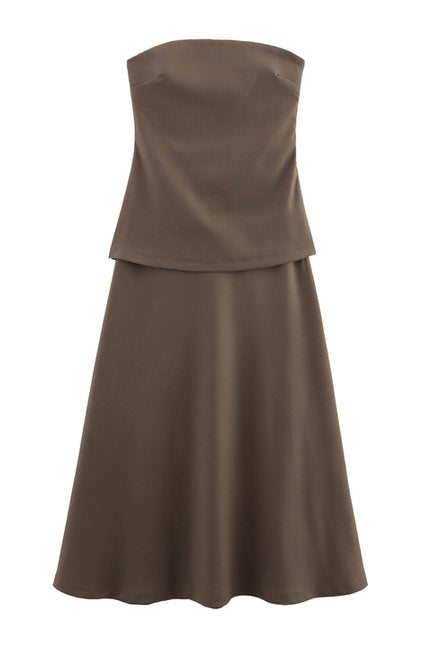 Brown Color Strapless Patchwork Design Hot Sale Casual Fashion Summer Long Dress for Women