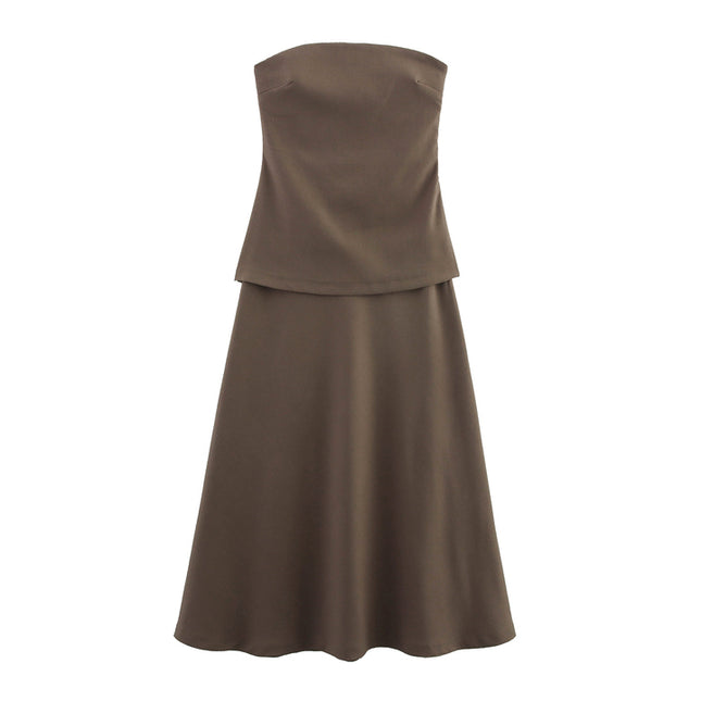 Brown Color Strapless Patchwork Design Hot Sale Casual Fashion Summer Long Dress for Women