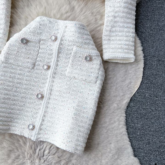 Elegant Casual Short Cardigan Sequin Knitted Set Autumn New Mini Skirt Set Shorts Two Piece Women's Clothing