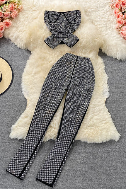 Ruffle Sexy Short Hot Drill Smocked Top Two Piece Suit High Waist Stretch Trousers Female