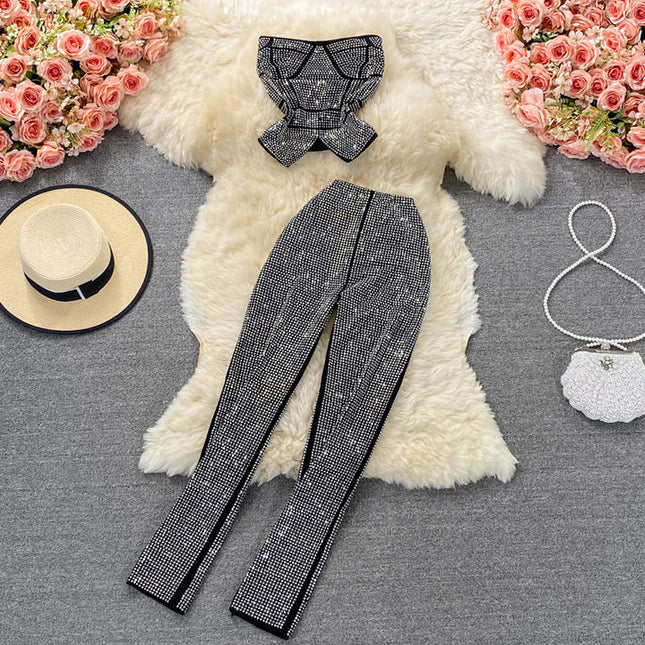 Ruffle Sexy Short Hot Drill Smocked Top Two Piece Suit High Waist Stretch Trousers Female