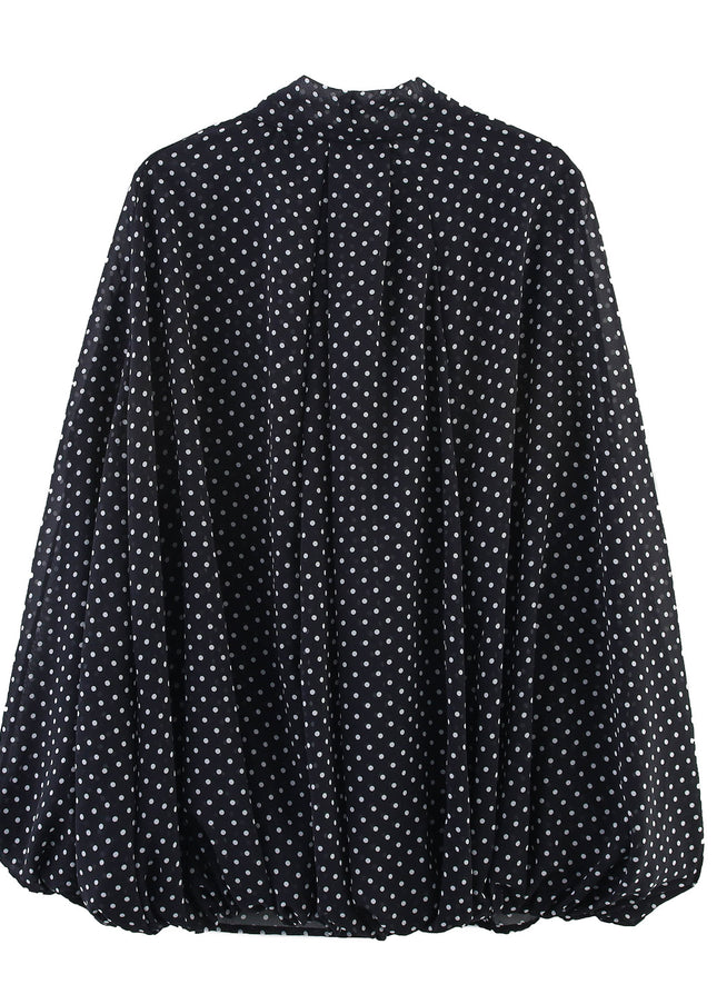 Bow Tie Collar Black Color Polka Dot Print Long Sleeve Casual Fashion Tops Blouse for Women