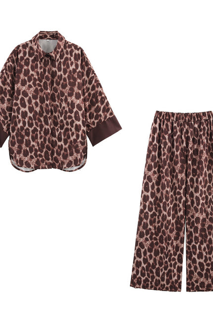 Turn Down Collar Long Sleeve Buttons up Blouse Elastic Waist Animal Print Pants Casual Women 2 Piece Set