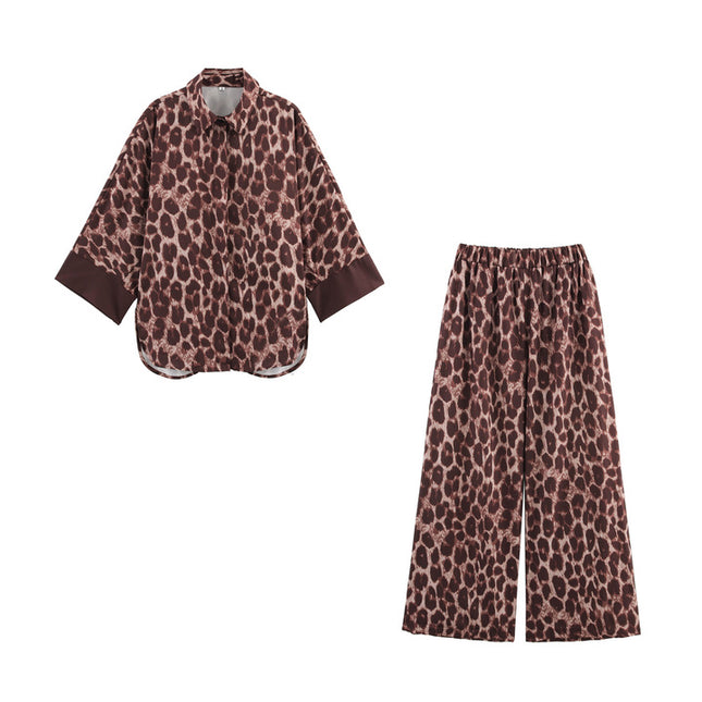 Turn Down Collar Long Sleeve Buttons up Blouse Elastic Waist Animal Print Pants Casual Women 2 Piece Set