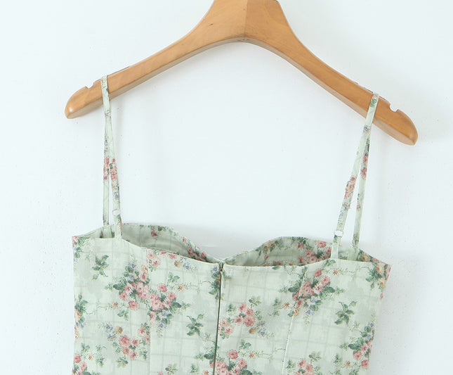 Spaghetti Strap Floral Print Green Color Casual Fashion Summer Long slip Dress for Women
