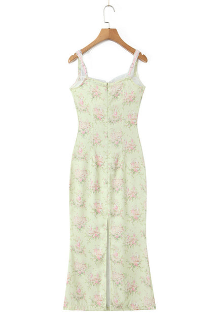 Shoulder Strap Beige Color Floral Print Hot Sale Casual Fashion Summer Long slip Dress for Women