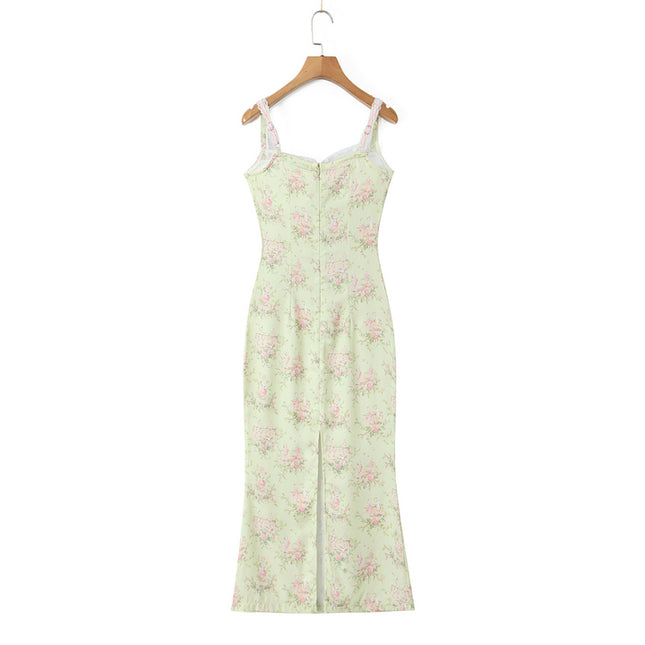 Shoulder Strap Beige Color Floral Print Hot Sale Casual Fashion Summer Long slip Dress for Women