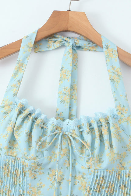 Floral Print Blue Color Sleeveless Hot Sale Casual Fashion Ladies Cotton Long Halter Dress