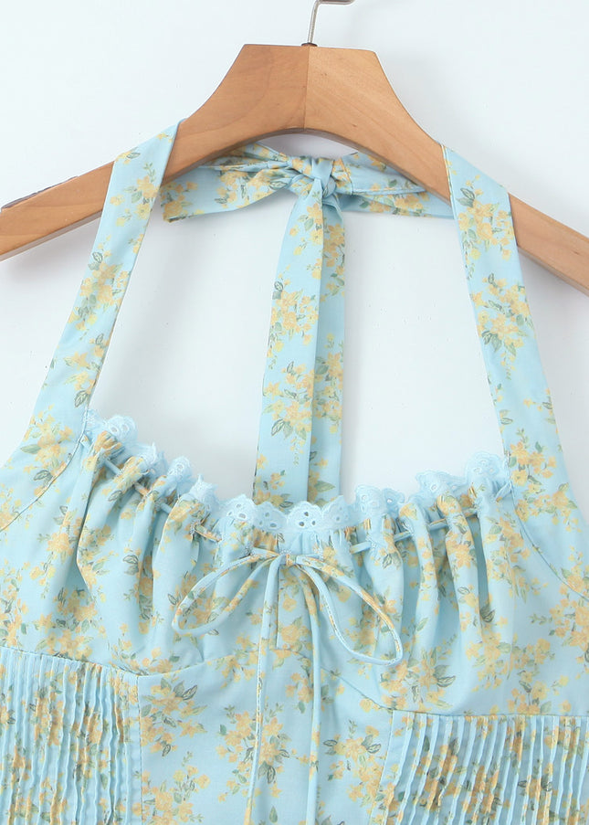 Floral Print Blue Color Sleeveless Hot Sale Casual Fashion Ladies Cotton Long Halter Dress