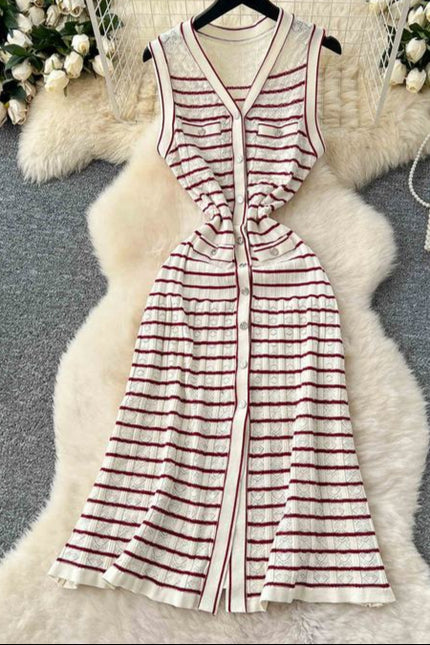 2025 Summer Striped Midi Dress Women Sleeveless Empire Dress