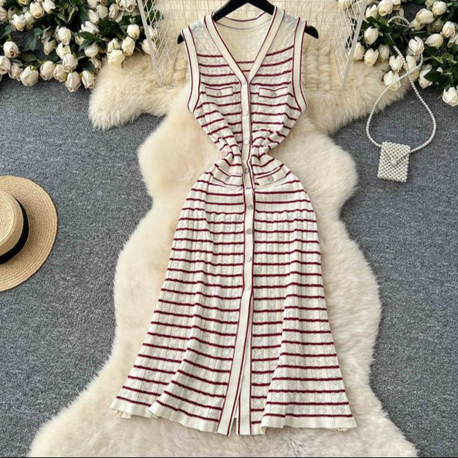 2025 Summer Striped Midi Dress Women Sleeveless Empire Dress