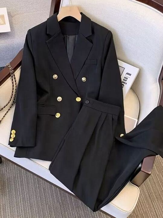 Fashionable Women Two Piece Set Coat + Pants Suits Solid Color Suit Coat Blazer Pants Set Spring Autumn Lady Office Casual Suits