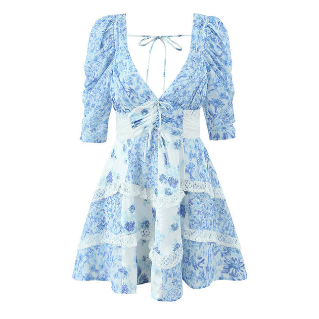 Blue White Color Floral Print v Neck Short Sleeve Casual Fashion Mini Dress for Women