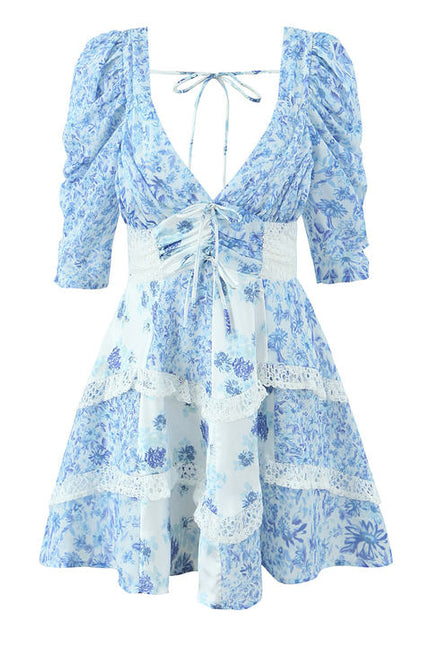 Blue White Color Floral Print v Neck Short Sleeve Casual Fashion Mini Dress for Women