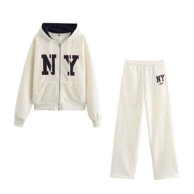 Letter Print Beige Color Long Sleeve Zipper Fly Casual Fashion Jacket with Hooded for Women