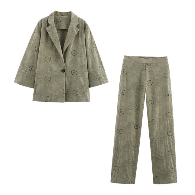 Embroidery Green Color Three Quarter Sleeve Single Buttons Notched Collar Casual Fashion blazer Jacket for Women