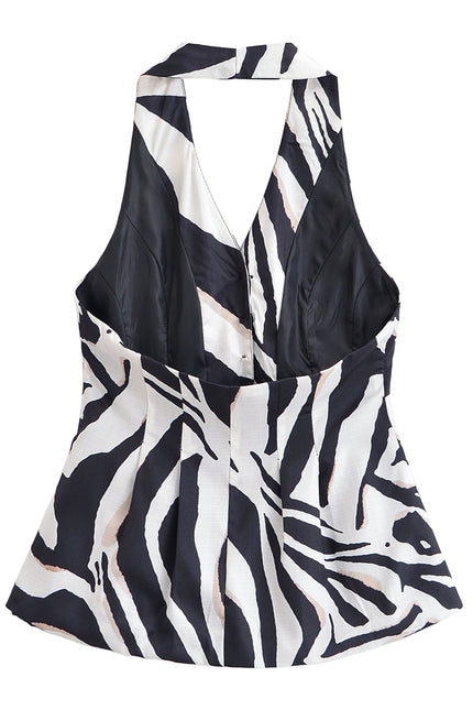 Single Breasted Black White Color Print Back Hollow Out Casual Fashion Halter Vest Waistcoat for Women