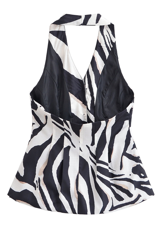 Single Breasted Black White Color Print Back Hollow Out Casual Fashion Halter Vest Waistcoat for Women
