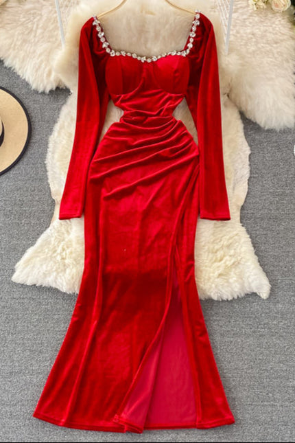 New Korean Stylish Necklace Edge Long Sleeve Velvet Dress Women Slim Dresses