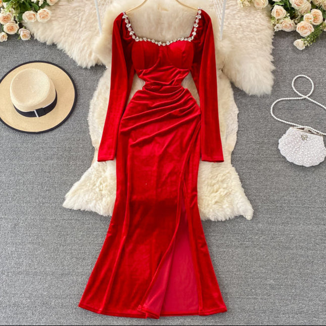 New Korean Stylish Necklace Edge Long Sleeve Velvet Dress Women Slim Dresses