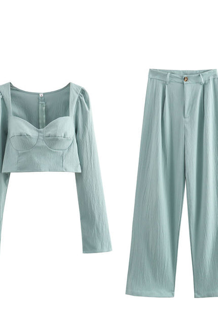 Square Collar Long Sleeve Back Zipper Fly Blouse Green Color Pants Casual Women's 2 Piece Set