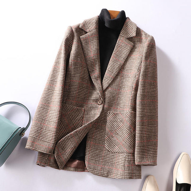 New Arrival Woolen Cloth Woman Winter Plaid Blazers Jacket Ladies Women