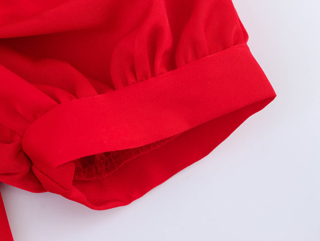 Square Collar Red Color Short Sleeve Buttons up Hot Sale Casual Fashion Pleated Long Dress for Women
