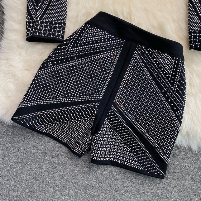 Fashionable Style Hot Diamond Suit Coat Women's Foreign Style Short Top Two Piece Set High Waist Wide Leg Shorts Fashion
