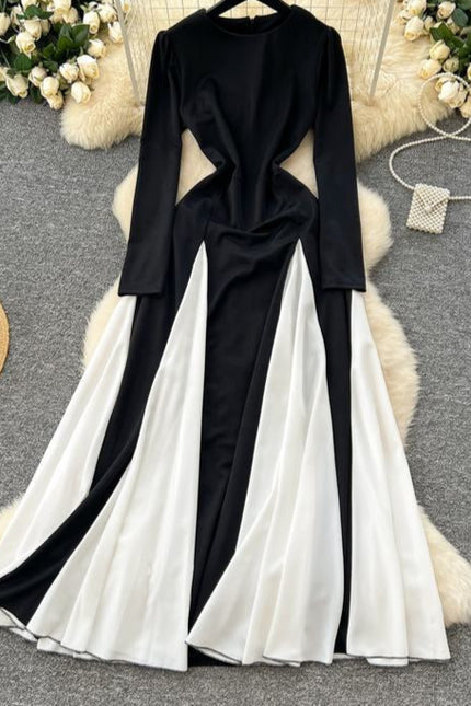 Elegant Women's Dresses New Black and White Color Clash Long Sleeve Patchwork Ruffle Long Dresses