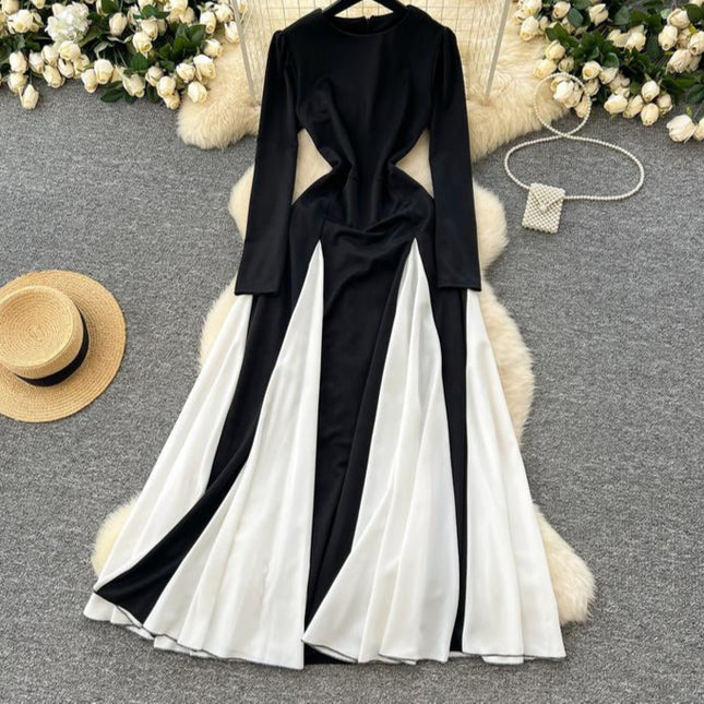 Elegant Women's Dresses New Black and White Color Clash Long Sleeve Patchwork Ruffle Long Dresses