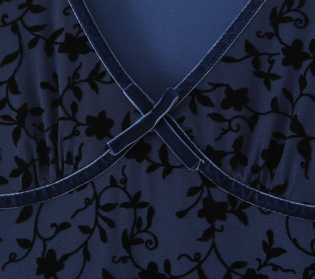 V Neck Short Sleeve Blue Color Floral Pattern Casual Fashion Midi Dress for Ladies