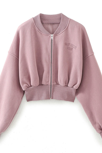 V Neck pink Color Long Sleeve Letter Embroidery Zipper Fly Casual Fashion pilot Jacket for Women