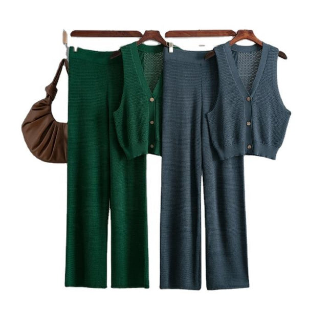 Fashion Knit Suit Women 2025 Summer New V-neck Sleeveless Vest High Waist Straight Pants Two-piece Set