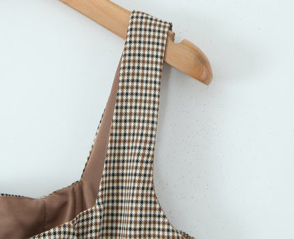 Shoulder Strap Plaid Print Brown Color Back Lace up Casual Fashion Women's tank Top