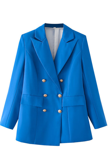 Blue Color Double Breasted Long Sleeve Notched Collar Casual blazer Jacket for Women