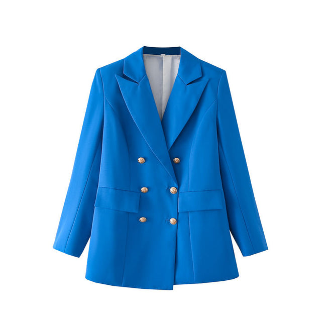 Blue Color Double Breasted Long Sleeve Notched Collar Casual blazer Jacket for Women