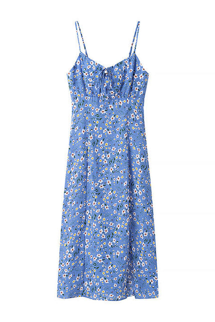 Blue Color Front Slit Spaghetti Strap Floral Print Casual Fashion slip Dress for Women