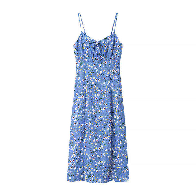 Blue Color Front Slit Spaghetti Strap Floral Print Casual Fashion slip Dress for Women