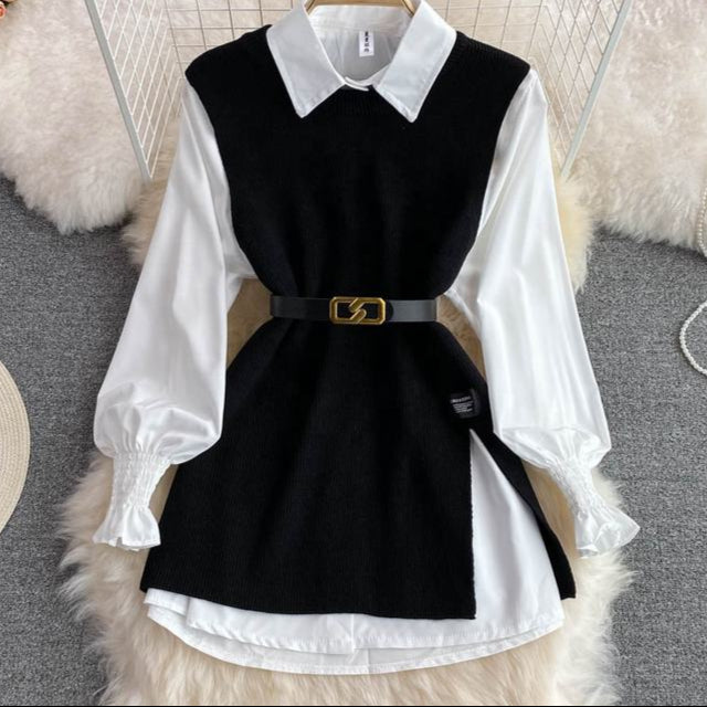 Spring Fall New Shirt Tops Female Design Sense Slit Knit Undershirt Blouse Two Piece