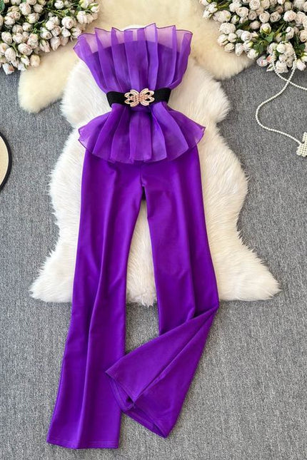 Elegant and Sexy Mesh Spliced One Shoulder Ruffled Edges Cinched Waist for Slimming Jumpsuit
