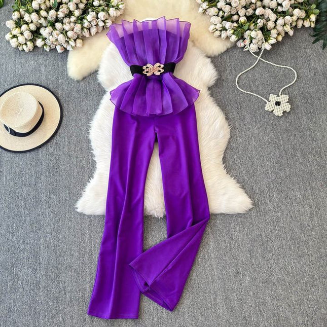 Elegant and Sexy Mesh Spliced One Shoulder Ruffled Edges Cinched Waist for Slimming Jumpsuit