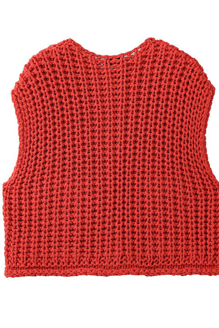 Crew Neck Red Color Buttons up Front Pockets Eyelet Casual Fashion Sweater Vest for Women