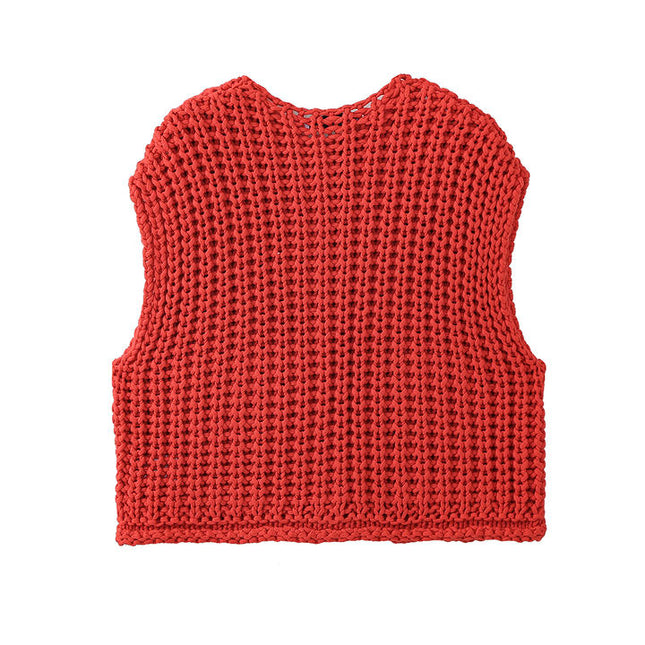 Crew Neck Red Color Buttons up Front Pockets Eyelet Casual Fashion Sweater Vest for Women