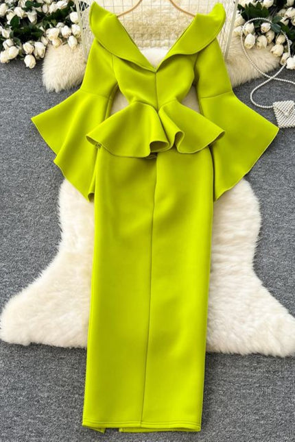 Women's Green V-Neck Ruffle Patchwork Flared Sleeve Split Party Dresses