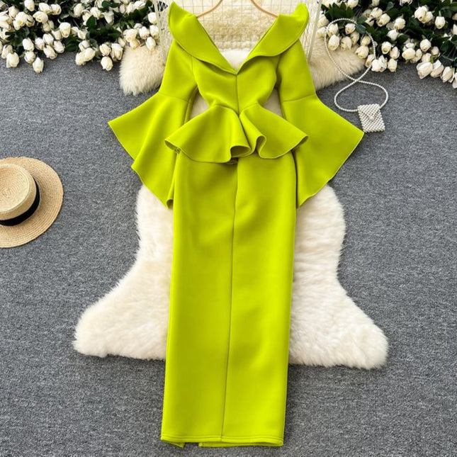 Women's Green V-Neck Ruffle Patchwork Flared Sleeve Split Party Dresses
